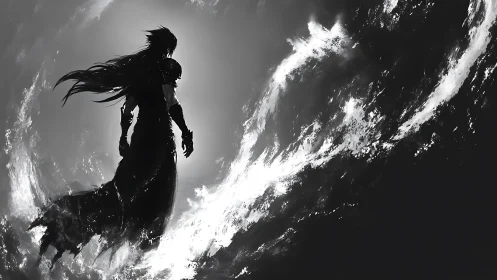 Storm-wreathed dark warrior strides within churning light.