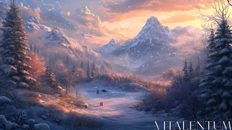 Snowy valley glows beneath pastel sunset-lit mountains.