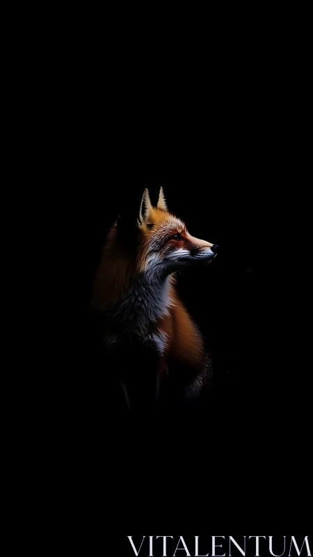 Fox in soft spotlight, quiet whiskers bright against night.
