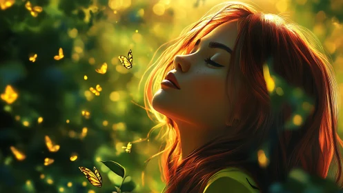 Sunlit redhead in forest glade surrounded by golden butterflies.