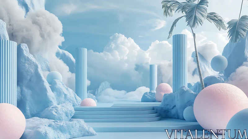 Pastel neoclassical cloudscape with columns and spheres.