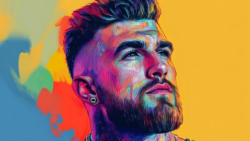 Color rich digital portrait of bearded man on yellow wall.