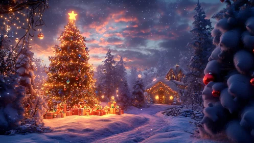 Snowy forest Christmas tree glows beside a cozy cottage.