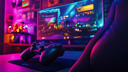 Neon-lit gaming desk with controller and curved monitor.