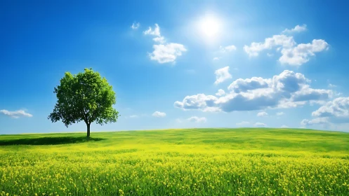 Solitary deciduous tree on sunlit canola meadow under noon sky