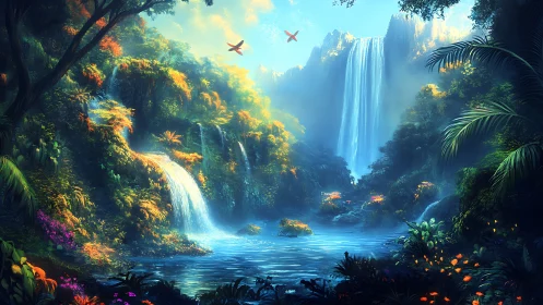 Luminous tropical waterfall basin with volumetric light scattering