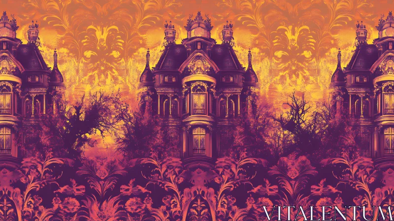 Gothic mansions glow in surreal sunset tones and symmetry.