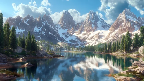Sunlit peaks mirrored in a quiet alpine forest lake.