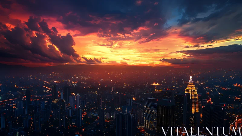 Digital painting skyline with luminous sunset cloud architecture.