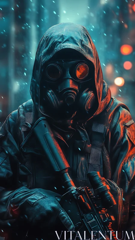 Hooded sentinel in neon snow, standing watch between worlds.