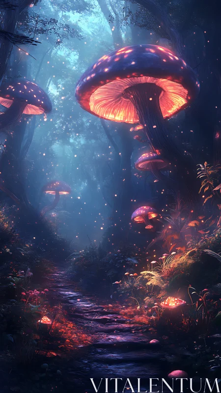 Bioluminescent fungal canopy over misted forest detour path.