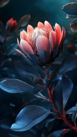 Protea flower with blue-toned foliage in low-key light.