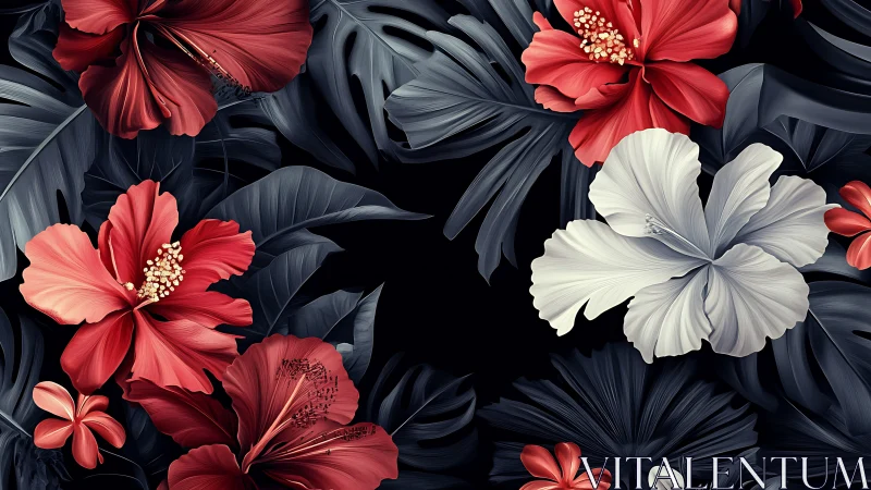 Tropical Hibiscus Composition: Red and Ivory Blooms Against Dark Foliage.