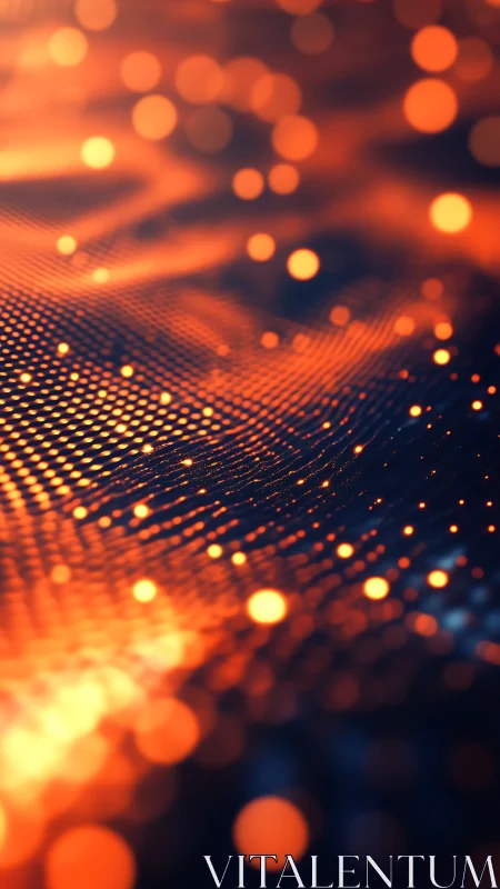 Orange light particles form abstract flowing digital wave