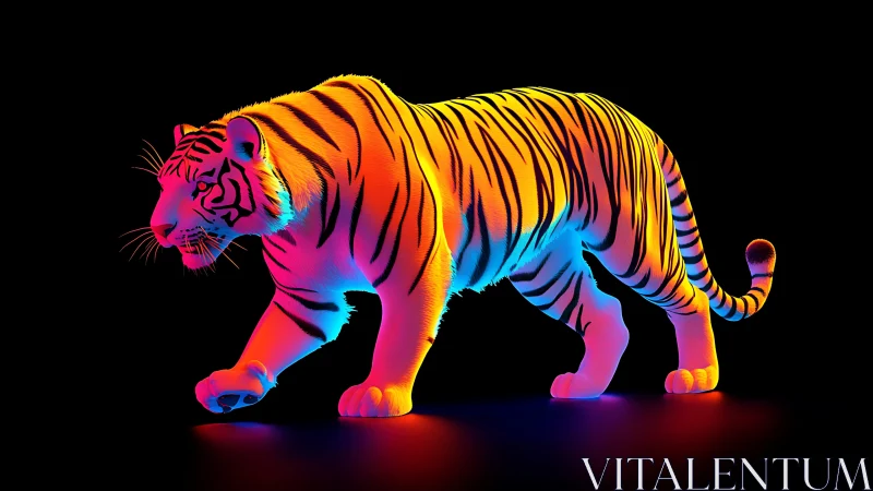 Neon tiger strides through darkness in vivid spectrum glow.
