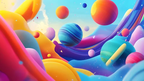 Spherical forms drift above multicolored flowing surfaces