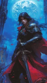 Vampiric swordsman in baroque armor under luminous full moon