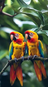Twin scarlet macaws perched in lush tropical foliage.