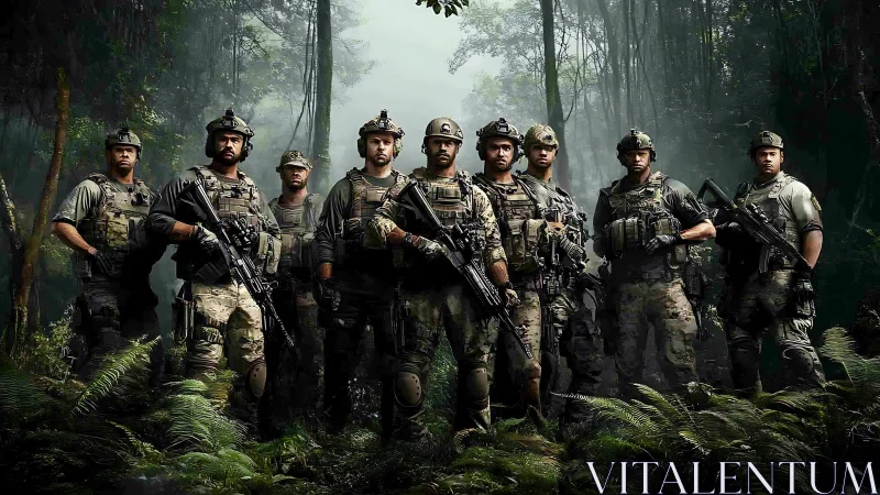 Jungle strike squad standing firm in mist-wrapped forest.