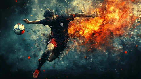 Male footballer kicking ball with trailing fire effect.
