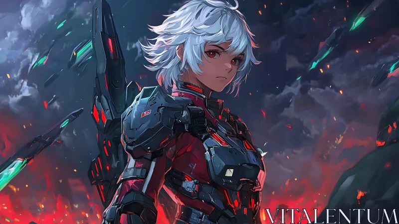 Armored anime warrior stands resolute in a burning sky