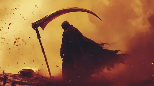 Hooded figure with scythe in dense orange atmospheric field.