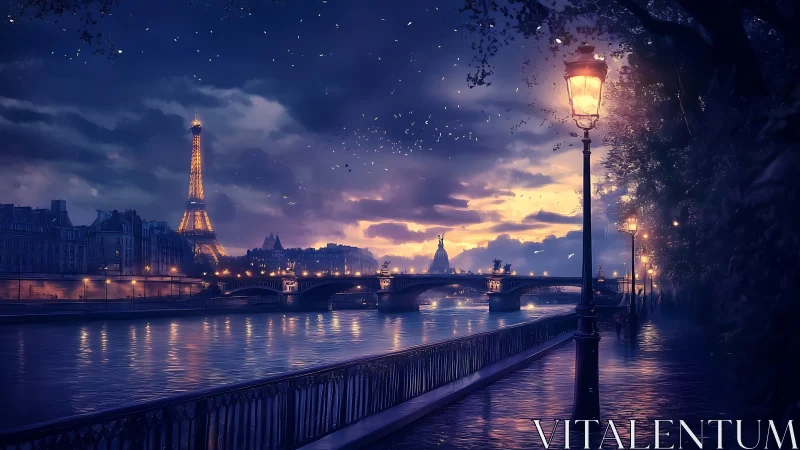 Nocturnal Paris riverside with lamplight and Eiffel glow.