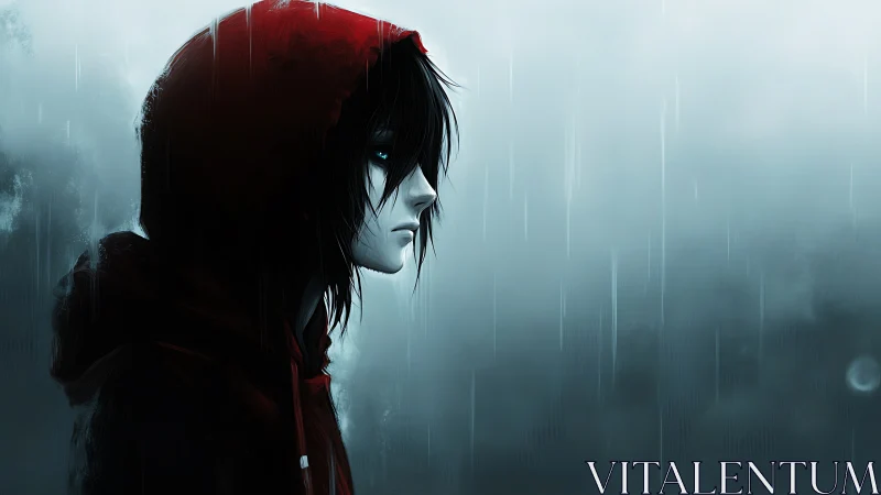Hooded youth stands in profile under heavy rain outside