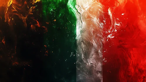 Tricolor fluid abstraction with vertical bands of green white red