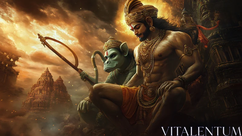 Divine warrior figure with mace amid dramatic temples.