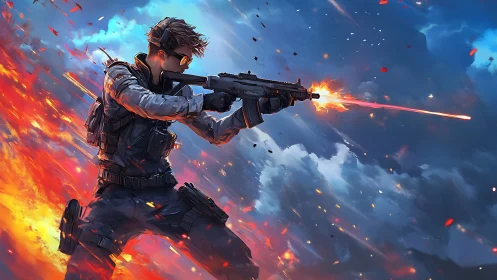 Dynamic skybound soldier charges forward in blazing action