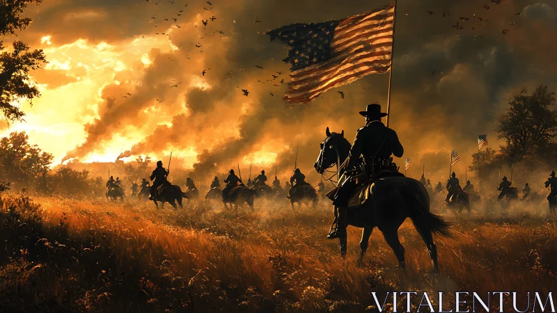 Sunlit cavalry riders carry a proud American flag forward