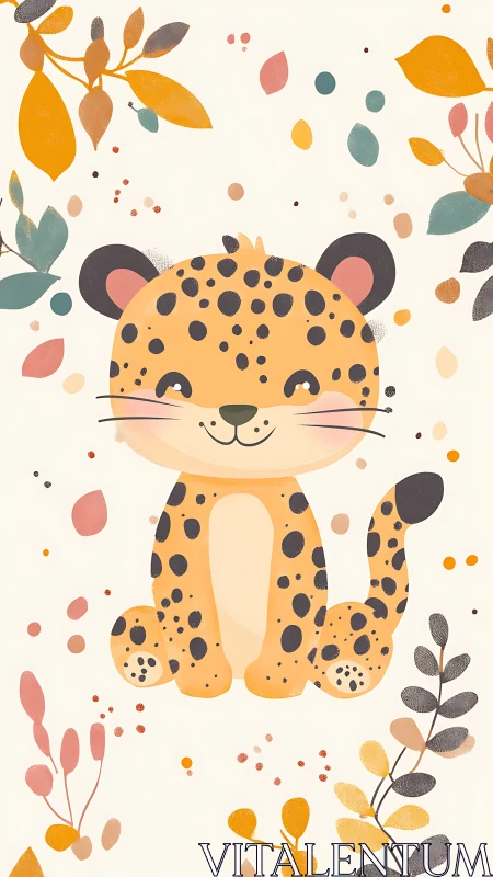 Smiling cartoon leopard sits amid soft autumn foliage.