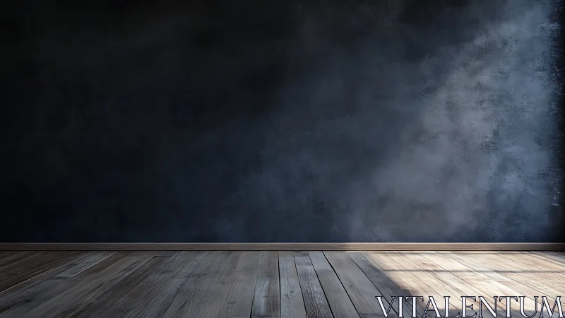 Moody charcoal wall greeting quiet sunlit wooden floor.