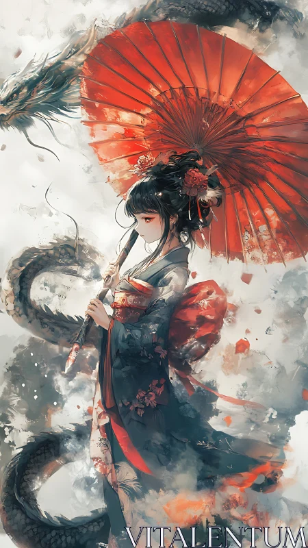 Digital painting of kimono maiden with dragon and vermilion parasol.