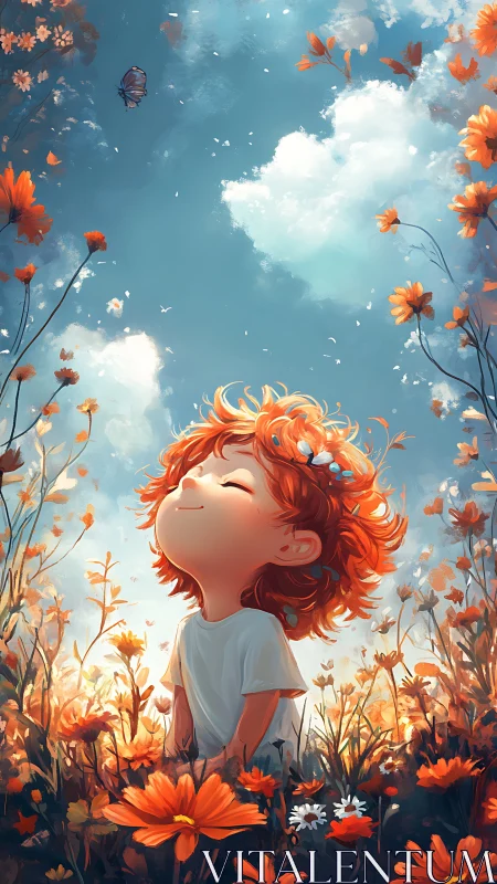 Red haired child in orange flower field under bright sky.