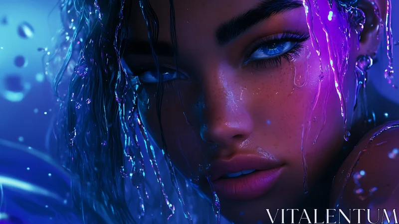 Hyperreal neon-lit wet portrait of woman in close-up profile