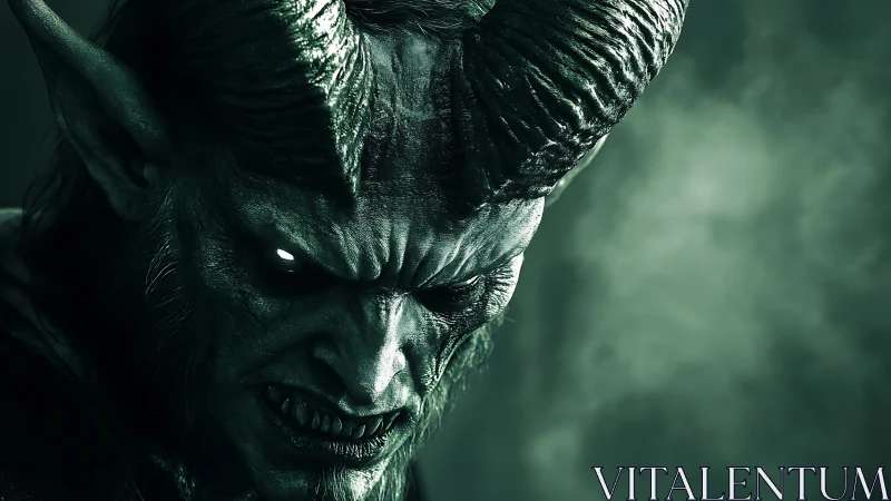 Horned demon snarls in harsh side light against smoky void