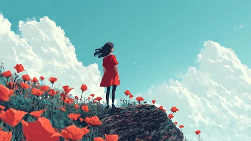 Girl in a red dress dreaming above a bright poppy field.