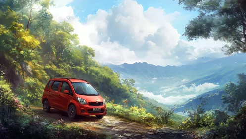Compact red car pauses on sunlit mountain pass in digital painting
