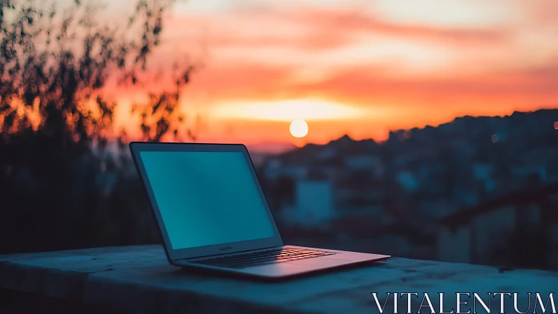Open laptop silhouette against defocused urban sunset horizon
