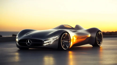 Streamlined electric concept roadster under low-angle sunset lighting