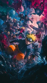 Dynamic shonen battle composition with central blond ninja hero