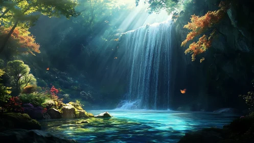 Sunlit waterfall cove where forest light learns to sing.