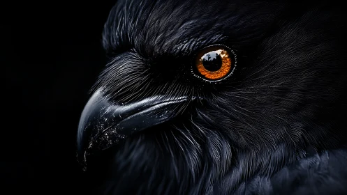 Dramatic close-up of raven’s face with vivid orange eye, dark style.