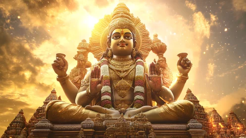 Digital painting of radiant Hindu deity in celestial shrine.