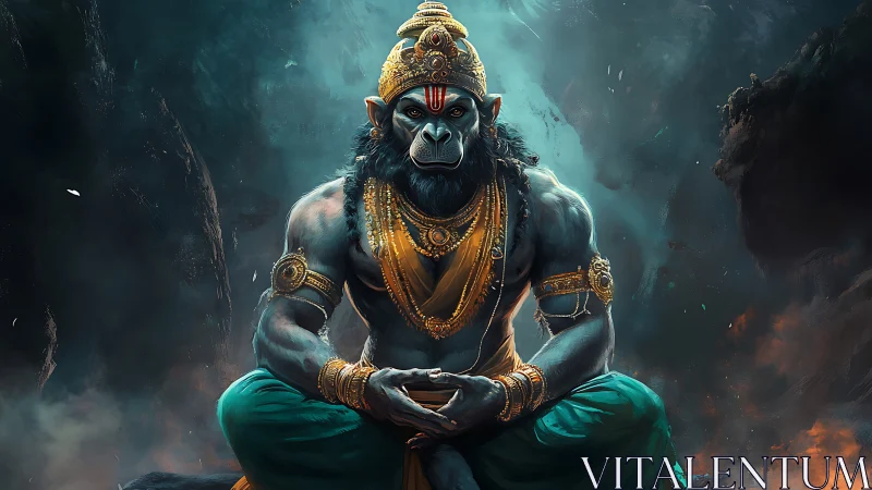 Mythic warrior monkey god meditates in stormlit cavern.