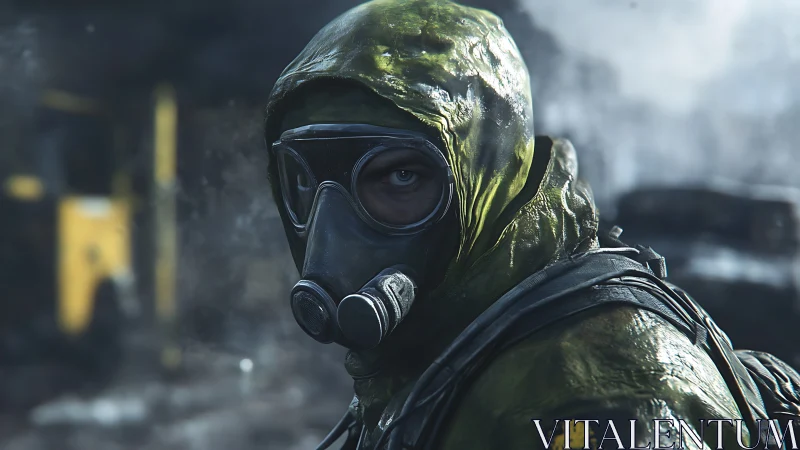 Post-apocalyptic responder in hazmat gear with gas respirator