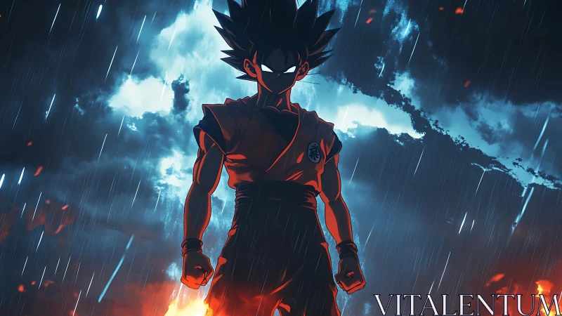 Silhouetted martial figure stands under heavy rain and firelight