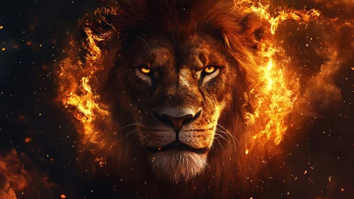 Fiery crowned lion emerging from blazing darkness.